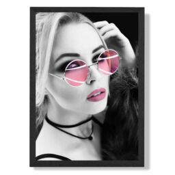 ARTZE Girl with Pink Sunglasses Fashion Black & White Photo Framed Print SIZE: A2 with Black Frame - Size: A4 - thumbnail 1