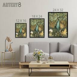 "Artery8 Peacock with Hens Painting Framed Canvas Wall Art Print van Hoytema in Green - Size: W12"" x H16""" - thumbnail 4