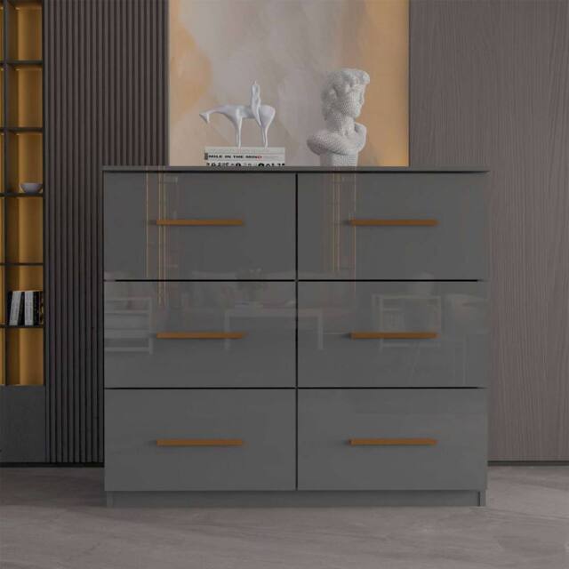 MN Furniture High Gloss Chest of Drawers 3+3 Storage Unit with Handles Grey - image 1