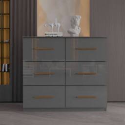 MN Furniture High Gloss Chest of Drawers 3+3 Storage Unit with Handles Grey - thumbnail 1