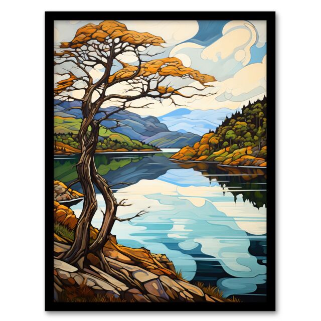 "Artery8 Loch Tay Near Killin Scotland Elegant Autumn Fall Artwork Painting Art Print Framed Poster Wall Decor in Black - Size: W12"" x H16""" - image 1