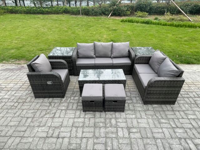 Fimous High Back Rattan Garden Furniture Set w/ Loveseat Sofa Rectangular Coffee Table 2 Side Tables 2 Small Footstools Outdoor Patio Lounge Sofa Set - image 1