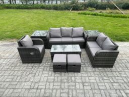 Fimous High Back Rattan Garden Furniture Set w/ Loveseat Sofa Rectangular Coffee Table 2 Side Tables 2 Small Footstools Outdoor Patio Lounge Sofa Set - thumbnail 1