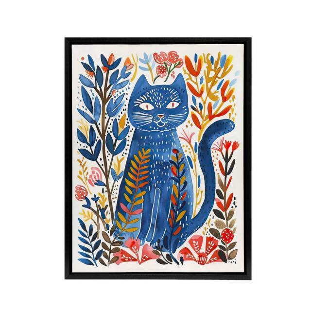 "Artery8 Russian Blue Cat Lover Folk Art Framed Canvas Wall Art Print - Size: W24"" x H32""" - image 1