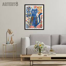 "Artery8 Russian Blue Cat Lover Folk Art Framed Canvas Wall Art Print - Size: W24"" x H32""" - thumbnail 3