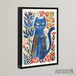 "Artery8 Russian Blue Cat Lover Folk Art Framed Canvas Wall Art Print - Size: W24"" x H32""" - thumbnail 2