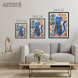 "Artery8 Russian Blue Cat Lover Folk Art Framed Canvas Wall Art Print - Size: W24"" x H32""" - thumbnail 4