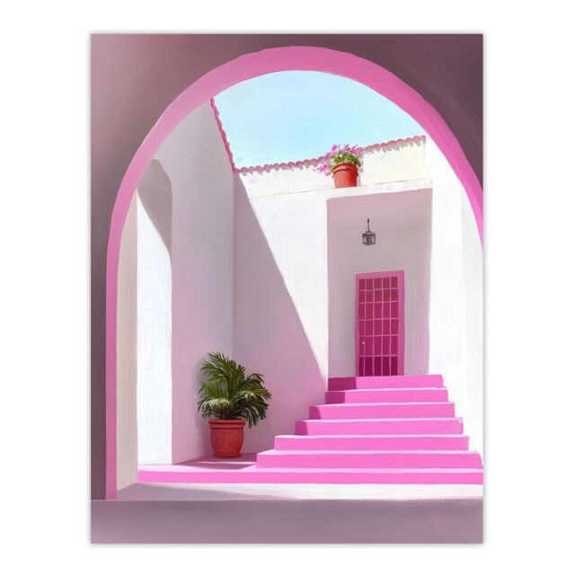 "Artery8 Italian Courtyard Plants Pink Steps Minimalist Wall Art Print - Size: W18"" x H24""" - image 1