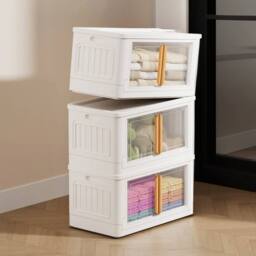 SPETLEK 3pcs Stackable Plastic Clothes Organizer Folding in White - Size: Large - thumbnail 4