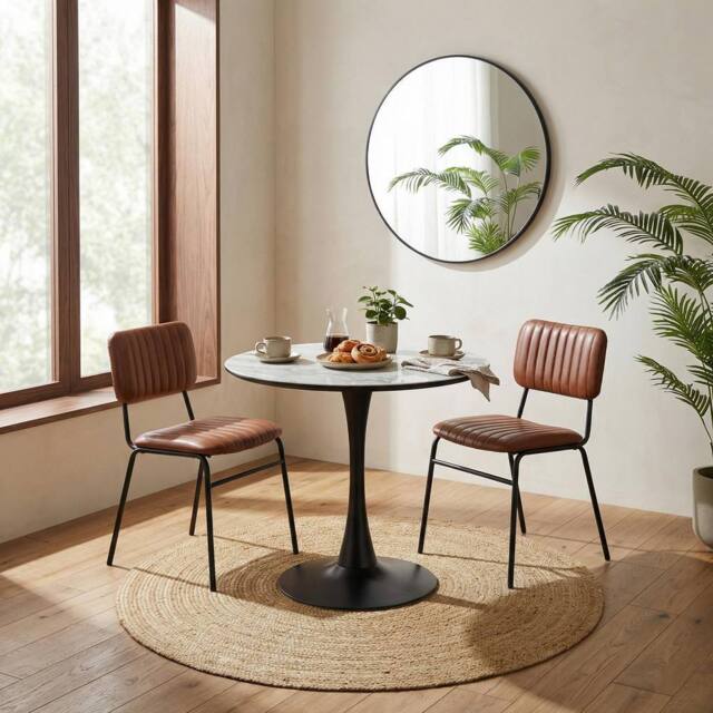 FurnitureboxUK Elina White Marble Effect Round Dining Table with 2 Tan Delta Chairs - image 1