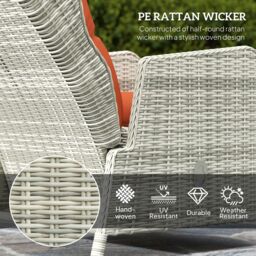 OUTSUNNY Recliner Rattan Garden Furniture w/ Two-tier Glass Top Table & Cushions, Orange - thumbnail 4