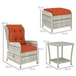 OUTSUNNY Recliner Rattan Garden Furniture w/ Two-tier Glass Top Table & Cushions, Orange - thumbnail 3