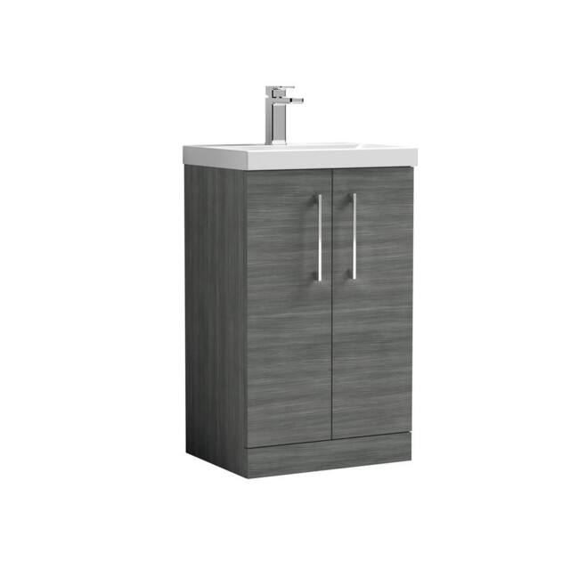 Balterley Contemporary Bathroom Floor Standing 2 Soft-Close Door Vanity Unit & Mid-Edge Ceramic Basin, Anthracite Woodgrain, 500mm in Grey - image 1