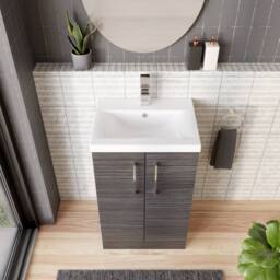 Balterley Contemporary Bathroom Floor Standing 2 Soft-Close Door Vanity Unit & Mid-Edge Ceramic Basin, Anthracite Woodgrain, 500mm in Grey - thumbnail 3