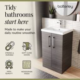 Balterley Contemporary Bathroom Floor Standing 2 Soft-Close Door Vanity Unit & Mid-Edge Ceramic Basin, Anthracite Woodgrain, 500mm in Grey - thumbnail 7