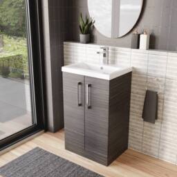 Balterley Contemporary Bathroom Floor Standing 2 Soft-Close Door Vanity Unit & Mid-Edge Ceramic Basin, Anthracite Woodgrain, 500mm in Grey - thumbnail 4