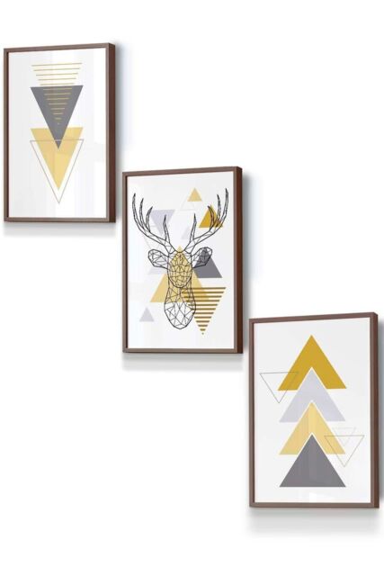 ARTZE Geometric Line Art Yellow Stag Head Triangles Framed Wall Art - Small in Walnut - Size: W33 cm x H45 cm x D20mm - image 1