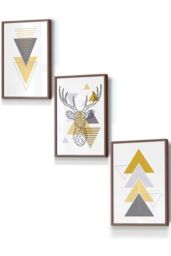 ARTZE Geometric Line Art Yellow Stag Head Triangles Framed Wall Art - Small in Walnut - Size: W33 cm x H45 cm x D20mm