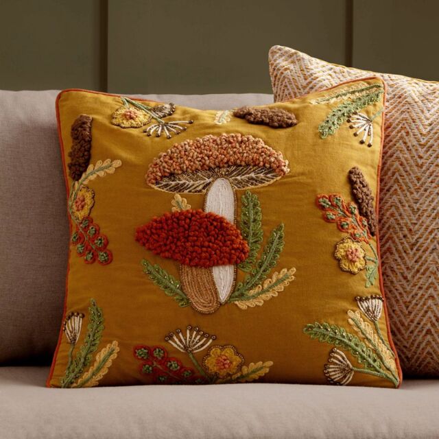 Wylder Mushroom Dell Embroidered 100% Cotton Cushion in Gold - Size: 45 cm x 45 cm - image 1