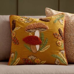 Wylder Mushroom Dell Embroidered 100% Cotton Cushion in Gold - Size: 45 cm x 45 cm