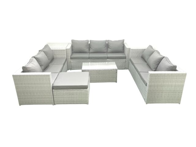 Fimous Rattan Garden Outdoor Furniture Set 10 Seater Garden Sofa Coffee Table Set with Big Footstool Side Table Light Grey Mixed - image 1