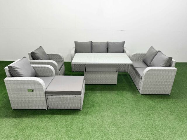 Fimous PE Rattan Garden Furniture Set Reclining Chair Sofa Double Love Seat 2 Seater Sofa Lounge Set Adjustable Lifting Dining or Coffee Table Big - image 1