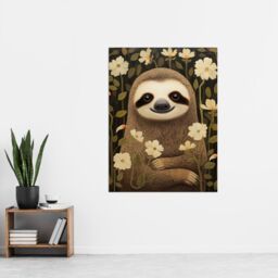 "Artery8 Wall Art Print Sloth with Jasmine & Anemone Flowers Elegant Artwork Poster in Black - Size: W18"" x H24""" - thumbnail 2