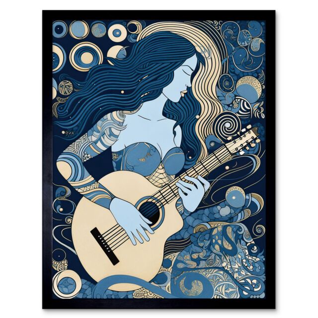 "Artery8 Wall Art Print Woman with Sleeve Tattoo Playing Guitar Music Art Framed in Black - Size: W12"" x H16""" - image 1