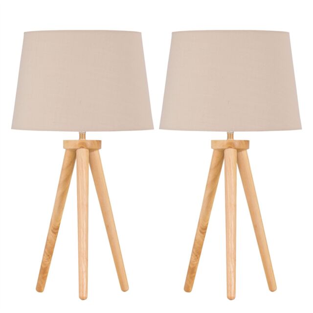 First Choice Lighting Set of 2 Light Oak Table Lamp or Bedside Lights with Natural Shades in Brown - image 1