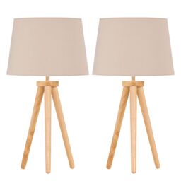 First Choice Lighting Set of 2 Light Oak Table Lamp or Bedside Lights with Natural Shades in Brown