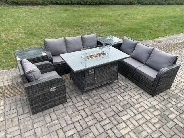 Fimous Rattan Outdoor Furniture Gas Fire Pit Dining Table Gas Heater Reclining Chair 3 Seater Sofa Sets with 2 Side Tables 7 Seater in Dark Grey - image 1
