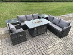 Fimous Rattan Outdoor Furniture Gas Fire Pit Dining Table Gas Heater Reclining Chair 3 Seater Sofa Sets with 2 Side Tables 7 Seater in Dark Grey - thumbnail 1
