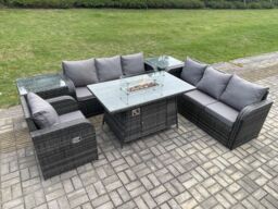 Fimous Rattan Outdoor Furniture Gas Fire Pit Dining Table Gas Heater Reclining Chair 3 Seater Sofa Sets with 2 Side Tables 7 Seater in Dark Grey - thumbnail 3