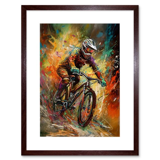 "Artery8 Wall Art Print Mountain Biker Paint Splat Portrait Action Shot Artwork Framed 9X7 Inch in Brown - Size: W7"" x H9""" - image 1
