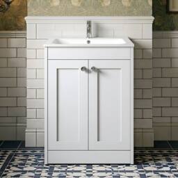 Balterley 600mm Floor Standing 2 Door Unit, Stone Basin 1 Tap Hole - Satin White - thumbnail 3