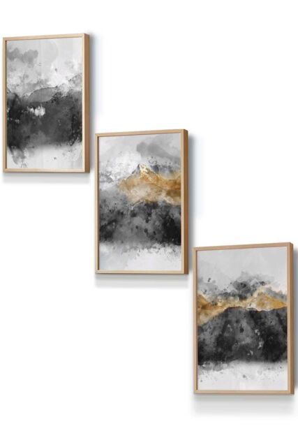 ARTZE Abstract Grey & Yellow Mountains Framed Wall Art - Small in Light Oak - Size: W33 cm x H45 cm x D20mm - image 1