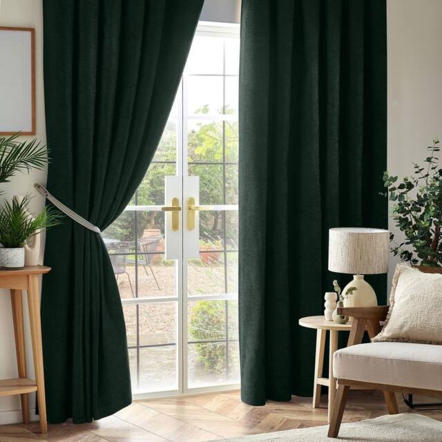 Luxury Living Chenille Blackout Pencil Pleat Top Curtains in Green - Size: 168 cm width x 229 cm drop - image 1