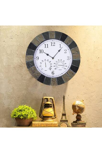 Living and Home 13.4 In Rustic Earth Tone Arabic Numerals Resin Wall Clock with Thermometer & Hygrometer for Living Room, Bedroom & Countryside Homes - image 1