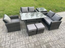 Fimous Wicker Rattan Garden Dining Set Outdoor Furniture Sofa with Dining Table Double Seat Sofa Side Table 2 Small Footstools Dark Grey Mixed - thumbnail 2