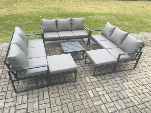 Fimous Aluminium Outdoor Garden Furniture Set Patio Lounge Sofa with Square Coffee Table 2 Big Footstools Conservatory Set Dark Grey - image 1