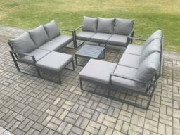 Fimous Aluminium Outdoor Garden Furniture Set Patio Lounge Sofa with Square Coffee Table 2 Big Footstools Conservatory Set Dark Grey - thumbnail 2