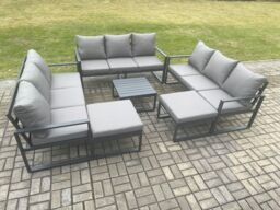 Fimous Aluminium Outdoor Garden Furniture Set Patio Lounge Sofa with Square Coffee Table 2 Big Footstools Conservatory Set Dark Grey - thumbnail 1