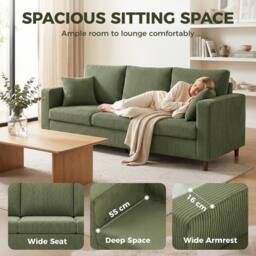 HOMCOM 3 Seater Sofa with Wide Seat, Corduroy Upholstered, Green - thumbnail 4