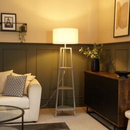 ValueLights Hiru Grey 3 Tier Wooden Shelf Floor Lamp with Boucle Drum Shade in Cream