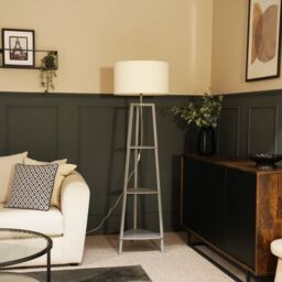 ValueLights Hiru Grey 3 Tier Wooden Shelf Floor Lamp with Boucle Drum Shade in Cream - thumbnail 3