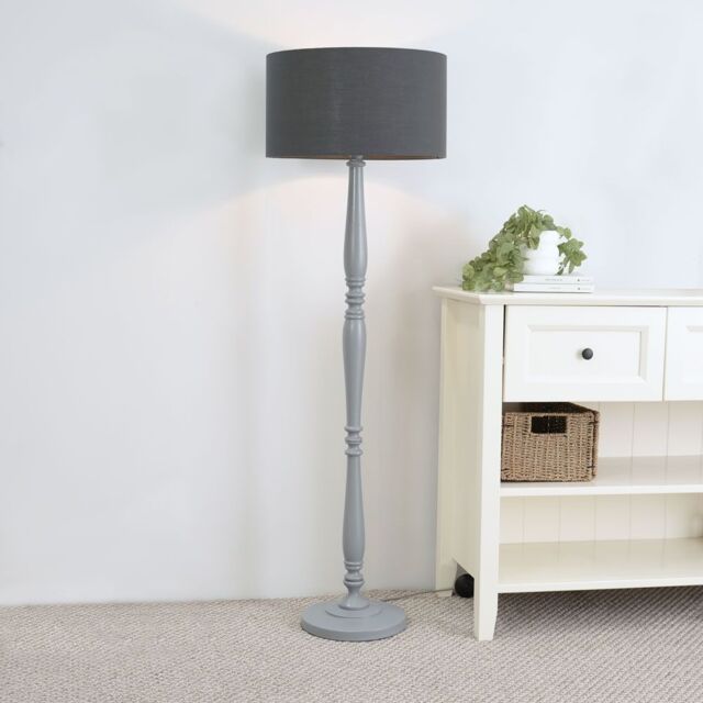 ValueLights Victoria Grey Wood Traditional Stem Floor Lamp with Fabric Drum Shade & LED Bulb in Charcoal - image 1
