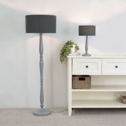 ValueLights Victoria Grey Wood Traditional Stem Floor Lamp with Fabric Drum Shade & LED Bulb in Charcoal - thumbnail 4