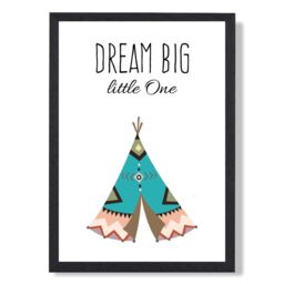 ARTZE Dream Big Tribal Quote Framed Print SIZE: A3 with Black Frame in Bright Blue - Size: A4 - thumbnail 1