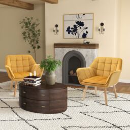 HOMCOM Modern Armchair Chair Accent Chair with Arms Wood Legs Set of 2 in Yellow