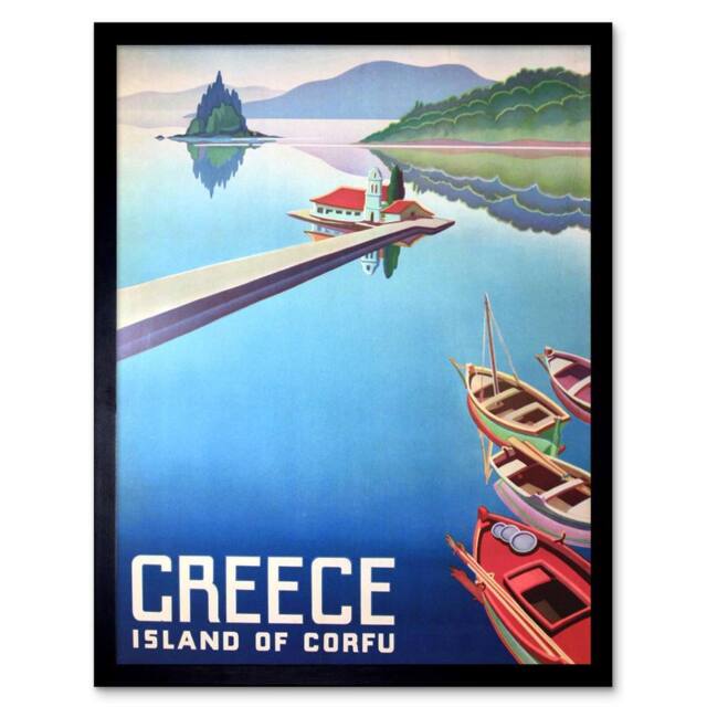 "Wee Blue Coo Travel Island Corfu Greece Boats Pier 12x16"" Framed Wall Art Print in Blue - Size: W12"" x H16""" - image 1